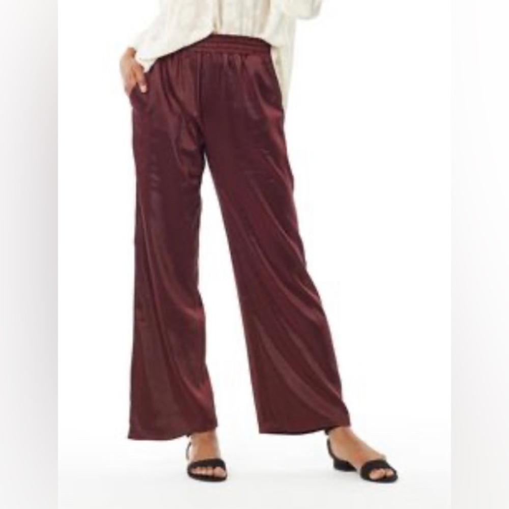 IVY Smocked Waist Satin Pull-On Wide Leg Pant with Pockets, sz S